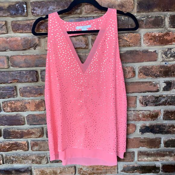 Cooper & Ella Coral Pink Gold Polka Dot Keyhole Sleeveless Blouse Women's Small - Picture 2 of 7